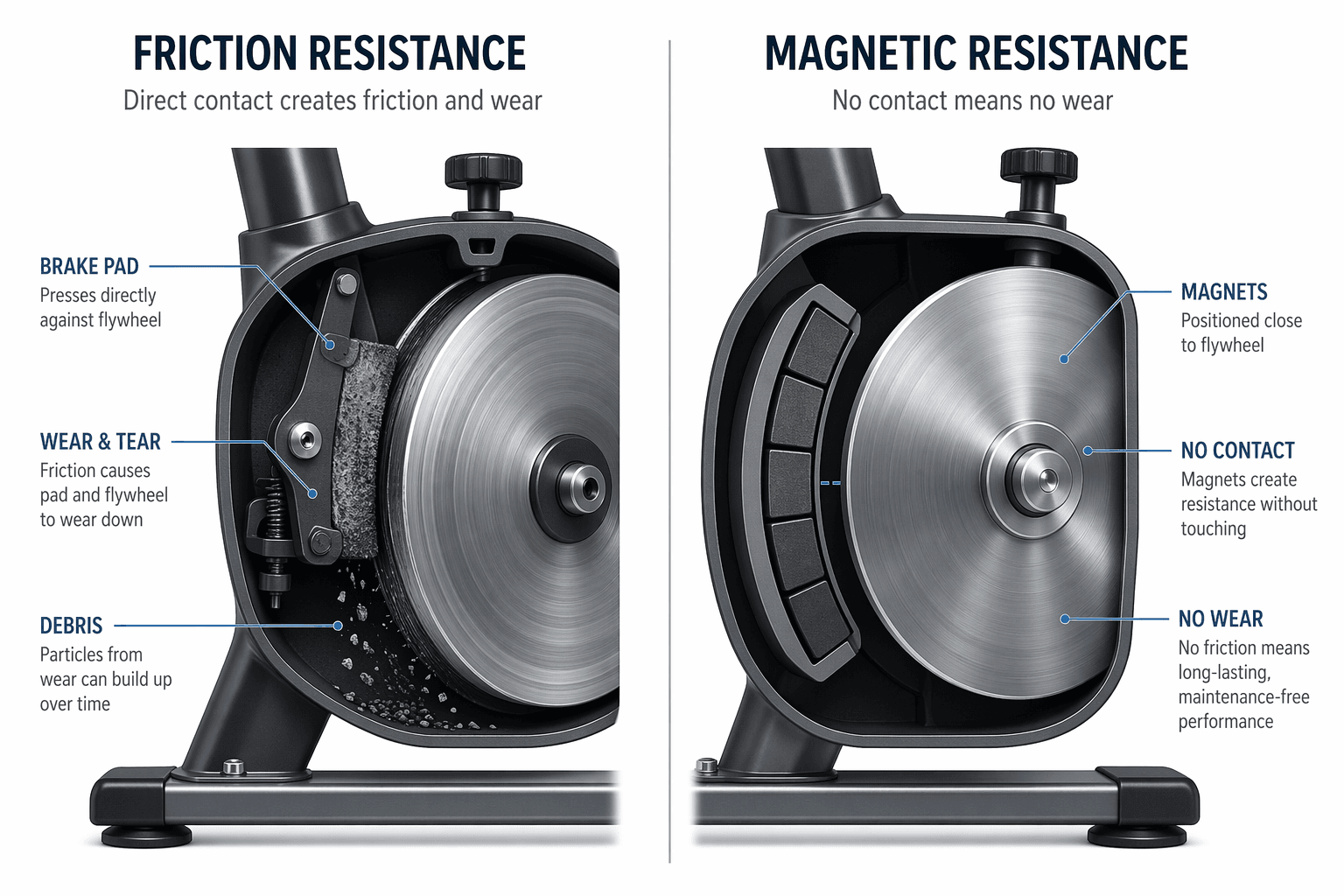 Cutaway comparison of friction resistance with a worn brake pad and magnetic resistance with non-contact magnets near a flywheel