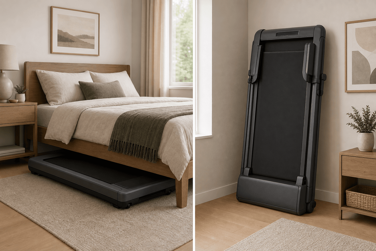 Side-by-side illustration showing a flat-fold treadmill stored horizontally under a bed on the left, and a standard upright-fold treadmill leaning nearly vertical against a wall on the right.