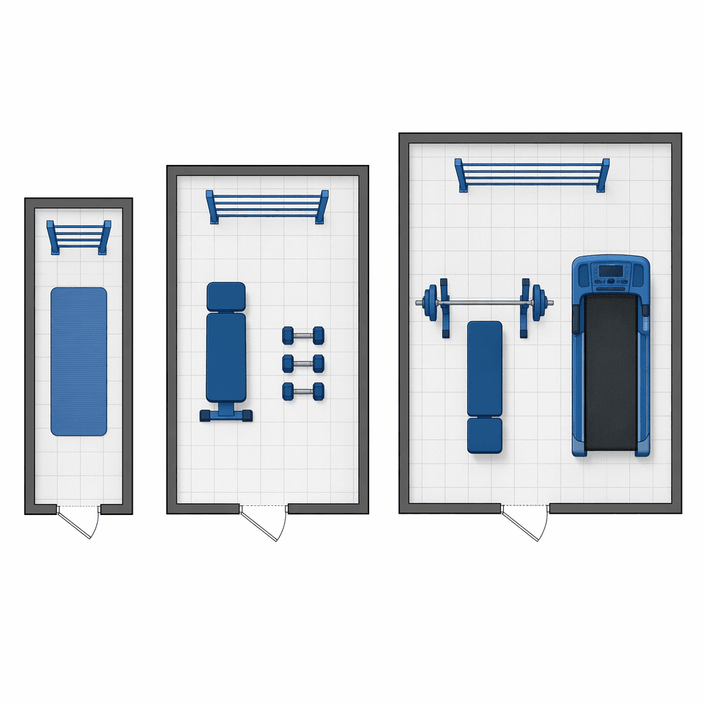 Floor plan comparison of small, medium, and larger compact home gym layouts