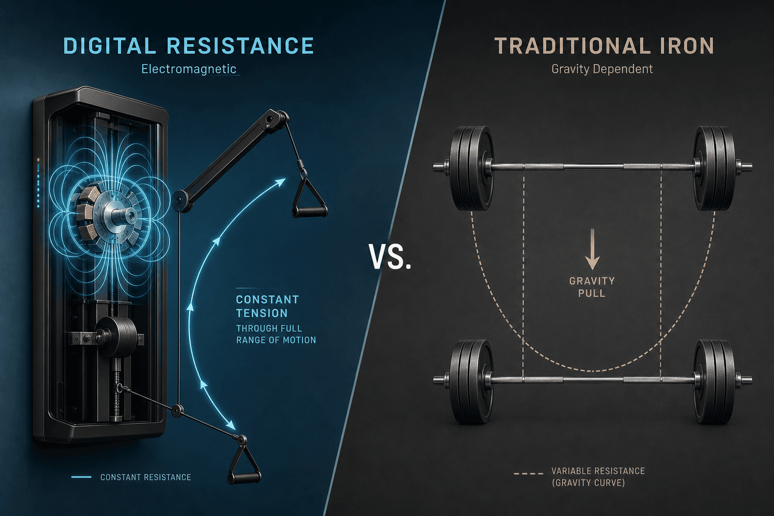 Split illustration comparing electromagnetic motor resistance with glowing magnetic field lines on the left and a barbell with iron plates and gravity arrow on the right.