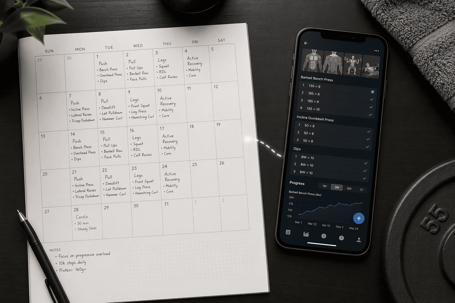 Printable monthly workout planner beside a phone showing a workout tracking app
