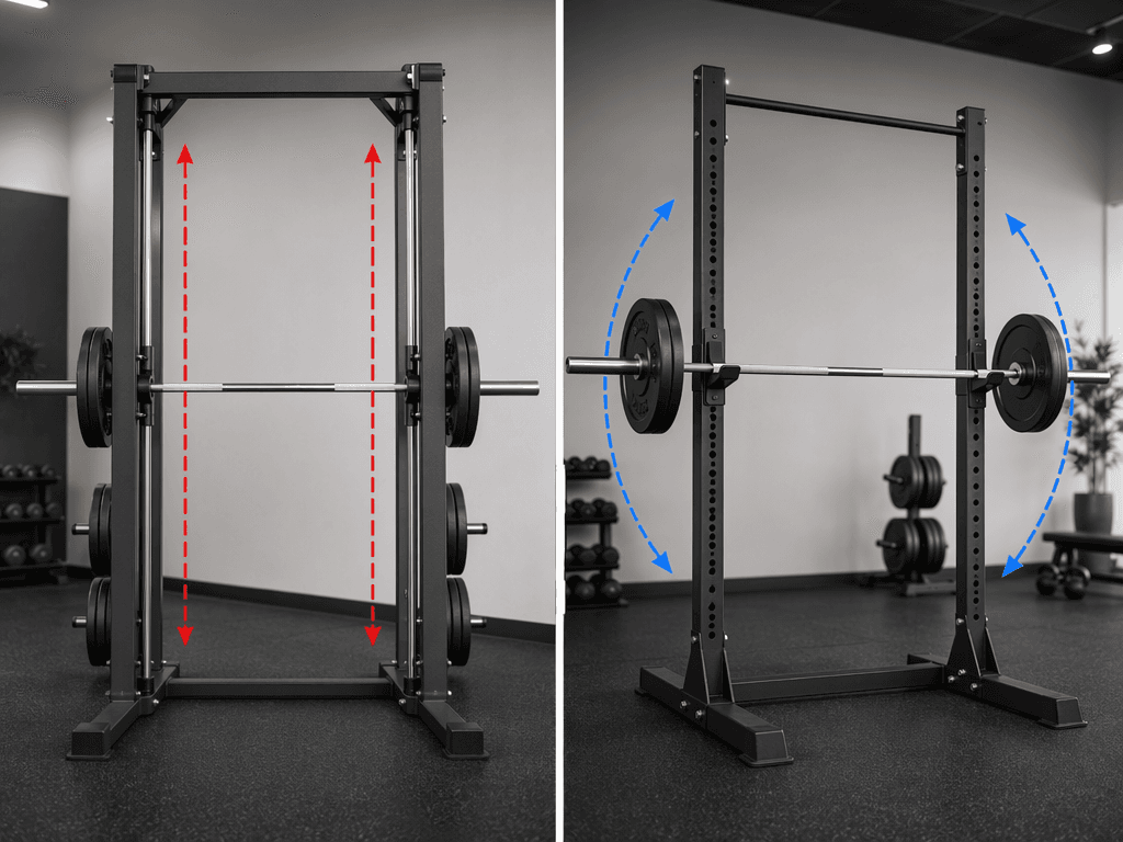 Side-by-side comparison of two strength training machines. Left: a Smith machine with a barbell attached to vertical guide rails and red dashed arrows showing the fixed straight bar path. Right: a power rack with a free barbell on J-hooks and curved blue arrows showing the natural free movement arc. Clean gym background with rubber flooring.