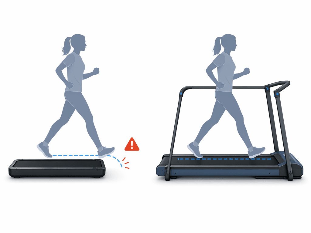 Comparison of a short walking pad deck with no handrails and a longer treadmill deck with handrail posts