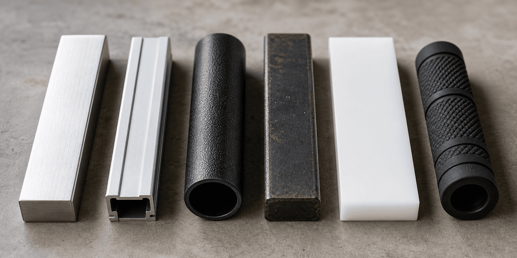 Six material samples arranged side by side on a workshop table: a brushed 316L stainless steel bar, a matte silver aluminum extrusion, a textured black powder-coated steel tube, a dark painted iron bar with light rust flecks, a white HDPE plastic panel, and a black rubber grip section, each showing distinct texture and surface finish
