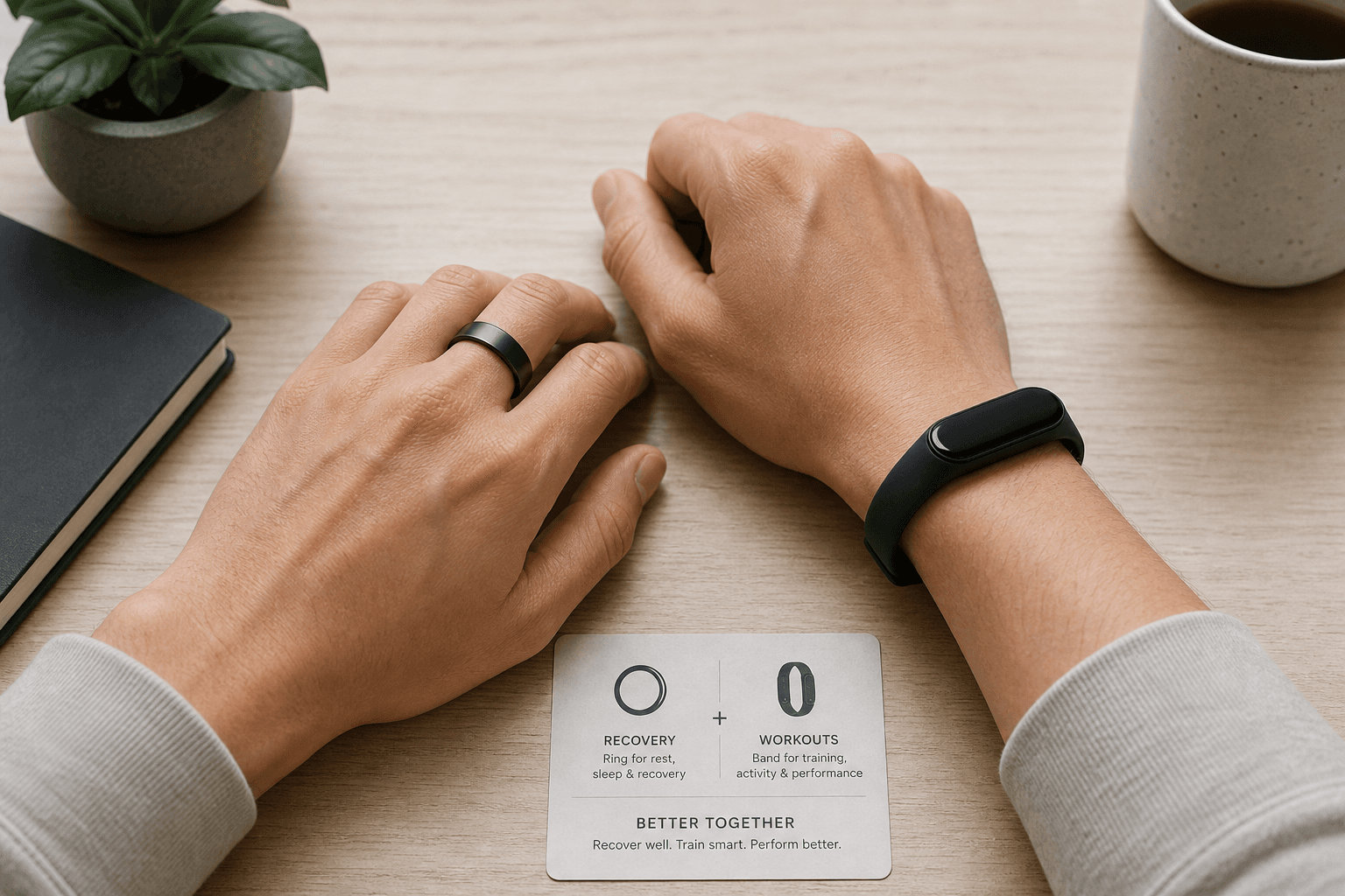 A hand with a smart ring on the index finger positioned beside a wrist wearing a slim fitness tracker band, both resting on a light wood table surface.