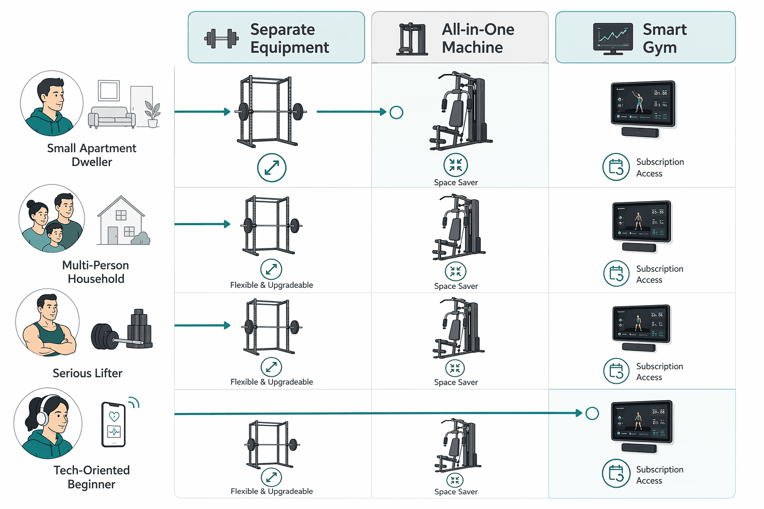 Decision matrix infographic with three vertical lanes labeled Separate Equipment, All-in-One Machine, and Smart Gym. Profile icons on the left show a small-apartment dweller, multi-person household, serious lifter, and tech-oriented beginner, with arrows connecting each profile to its best-fit approach. Clean white/teal color palette.
