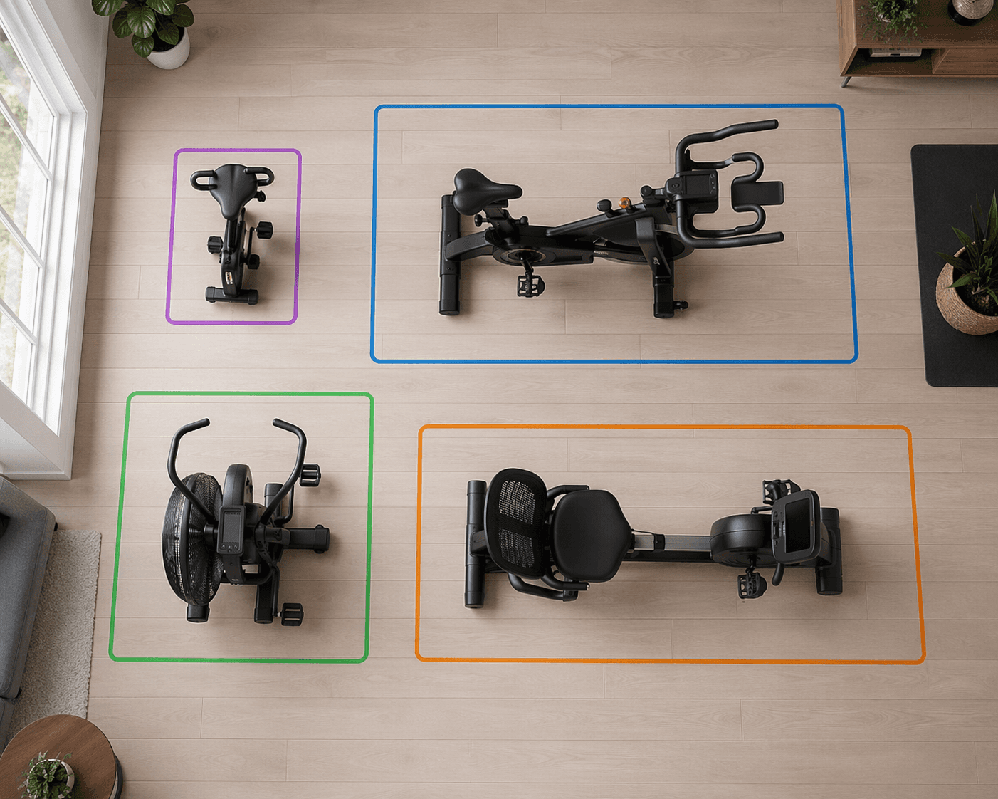 Overhead floor footprint comparison of folded, spin, recumbent, and air exercise bikes