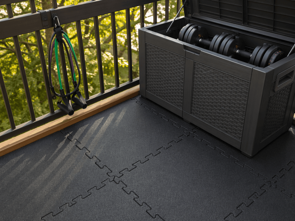 Close-up of a small balcony deck floor covered in black interlocking foam exercise tiles with visible puzzle-edge seams, a dark grey weatherproof deck box against the railing slightly open revealing adjustable dumbbells inside, and a pair of resistance bands hanging from a hook on the railing, in daylight.