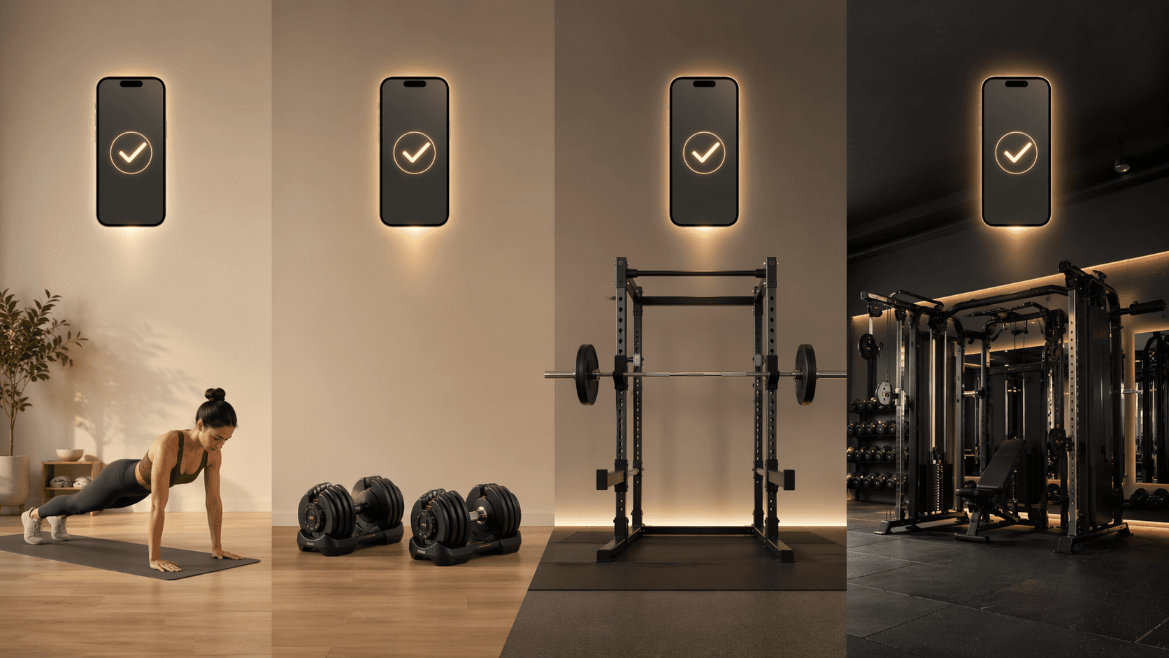Four workout equipment setups progressing from bodyweight training to dumbbells, barbell rack, and full commercial gym, each matched with a workout app