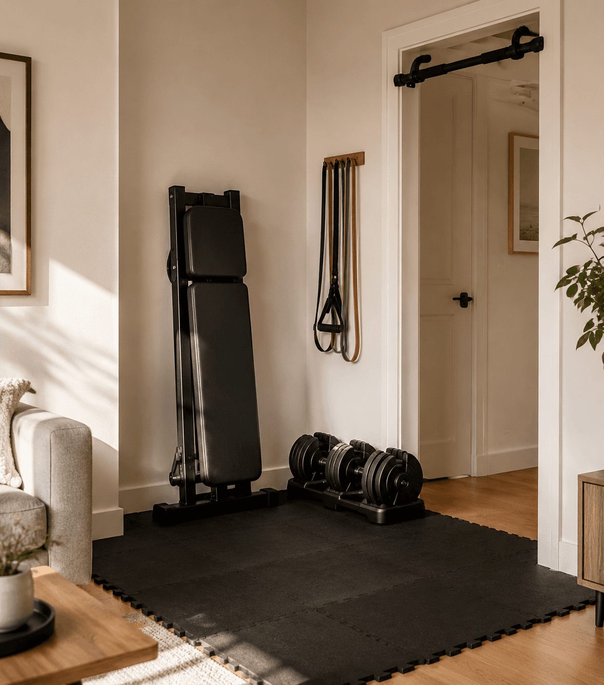 A compact apartment home gym corner with foam tiles, a folded bench, adjustable dumbbells, a doorway pull-up bar, and resistance bands