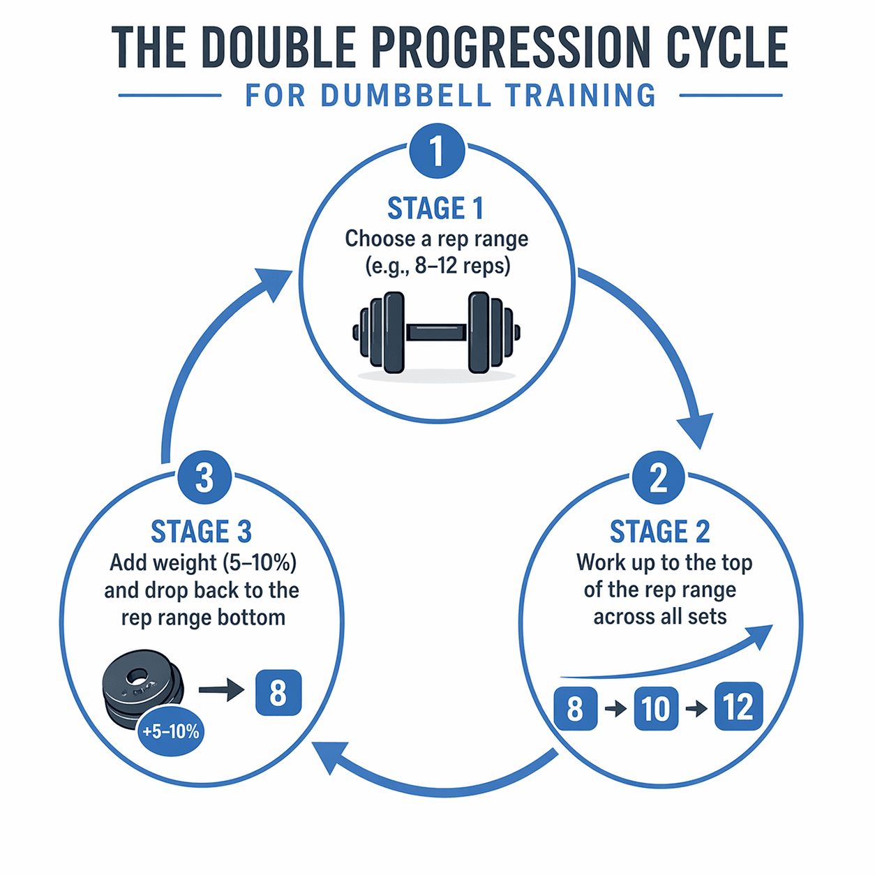 Editorial circular-flow infographic on white background: Stage 1 (choose rep range, e.g. 8–12 reps) with dumbbell icon, Stage 2 (work up to top of range across all sets) with upward arrow and rep progression 8→10→12, Stage 3 (add 5–10% weight and drop back to rep range bottom) with weight-increment icon. Curved arrows connect stages. Muted blue and slate gray flat vector.
