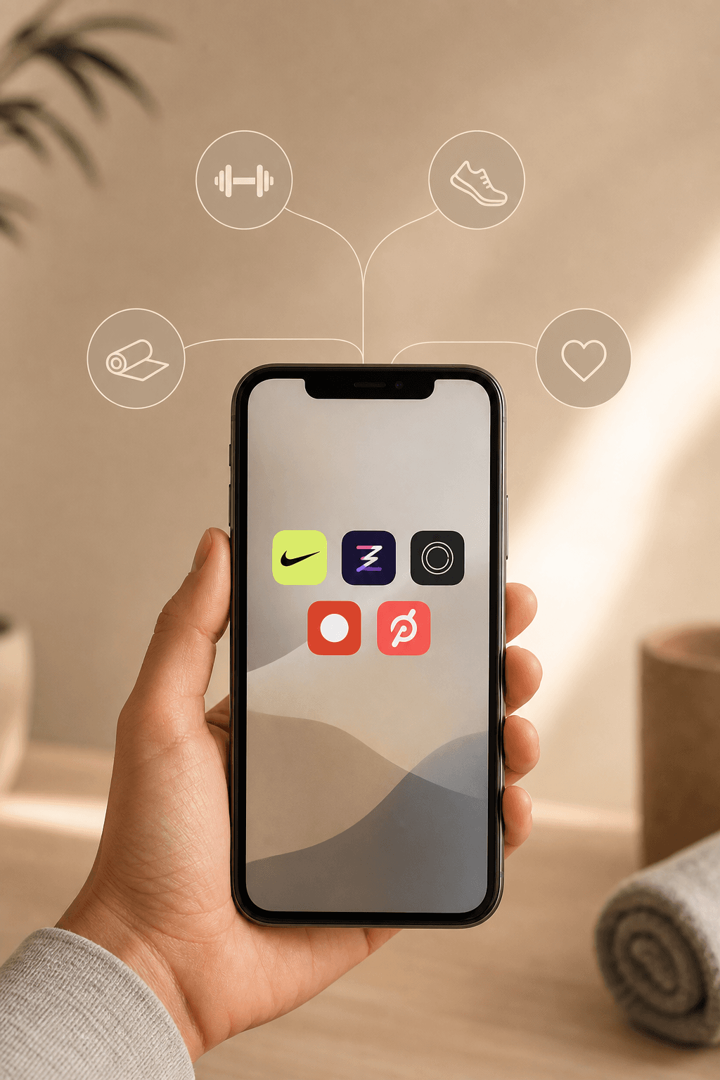 A smartphone held in hand against a warm neutral background showing five fitness app icons on the screen, with small abstract symbols (dumbbell, running shoe, yoga mat, heart) connected by thin branching lines floating near the phone.