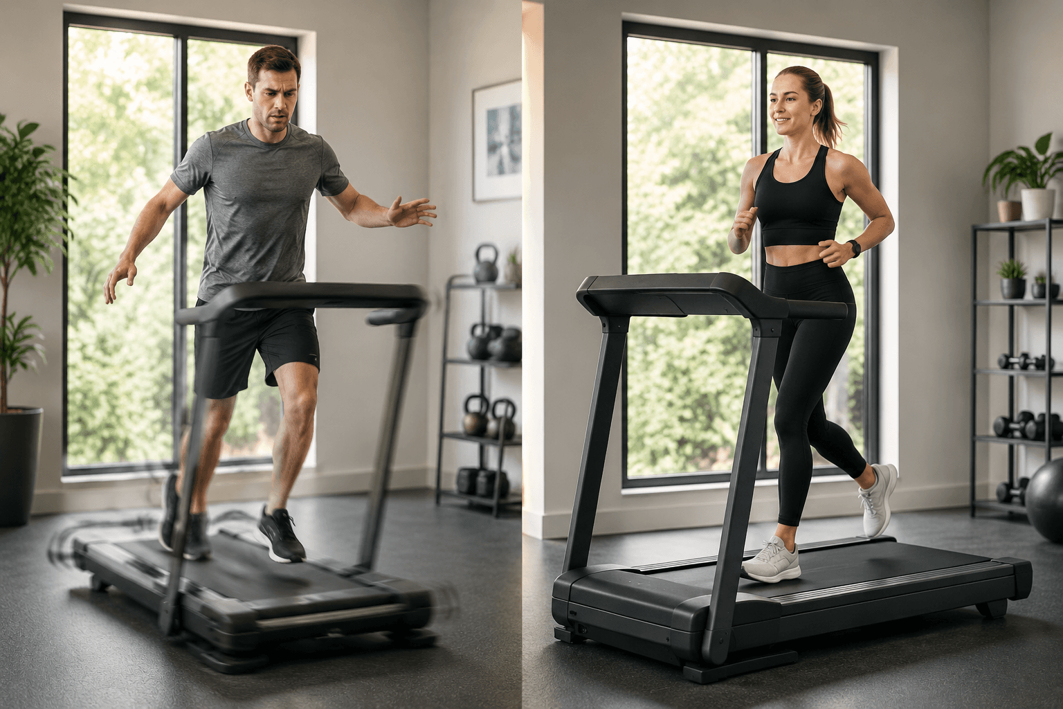 Lightweight treadmill frame wobbling beside a heavier treadmill frame staying stable at running speed
