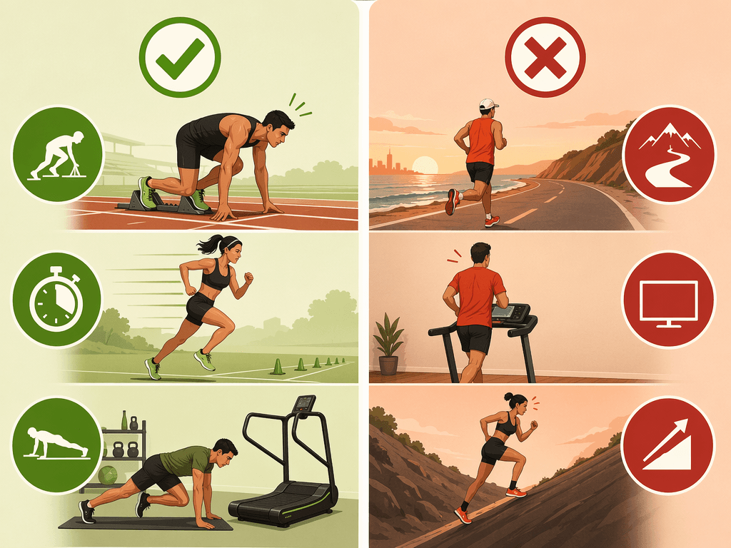 Split illustration showing runner archetypes suited for a manual treadmill (left, with checkmark) and those better off with a motorized model (right, with cross icon).
