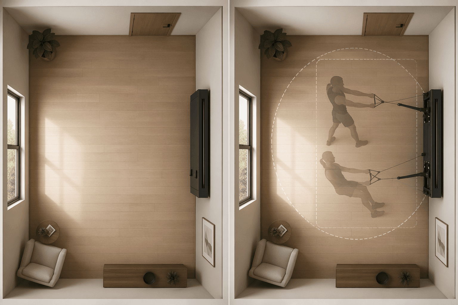 A split-view editorial illustration of the same room with a wall-mounted gym unit. The left side shows the unit at rest with nearly the entire room clear. The right side shows the same unit in use with dashed clearance zones and a person doing cable exercises.