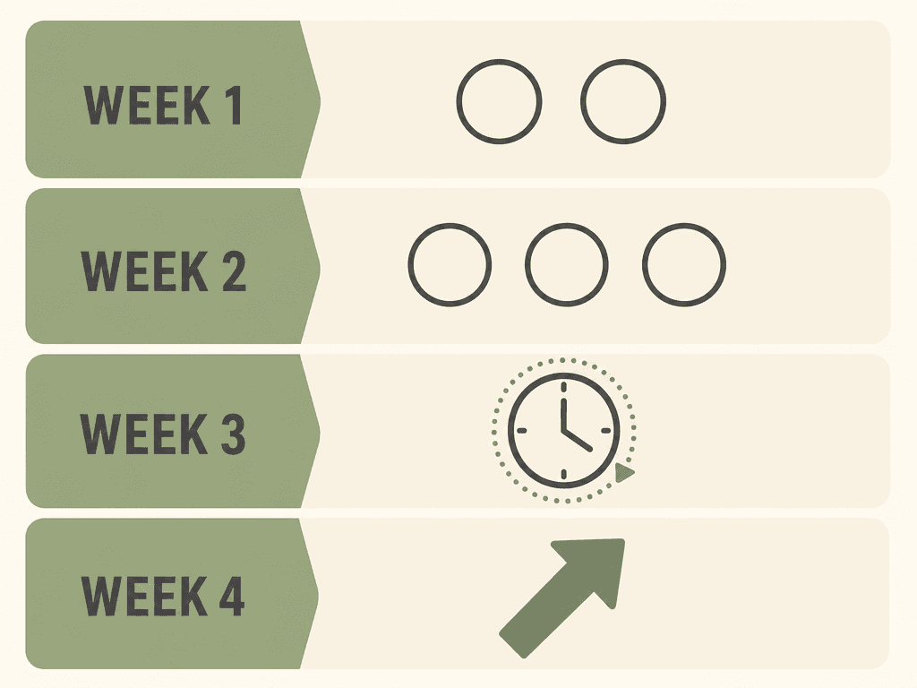 Flat-design illustration showing a 4-week workout progression framework with increasing challenge indicators for each week.