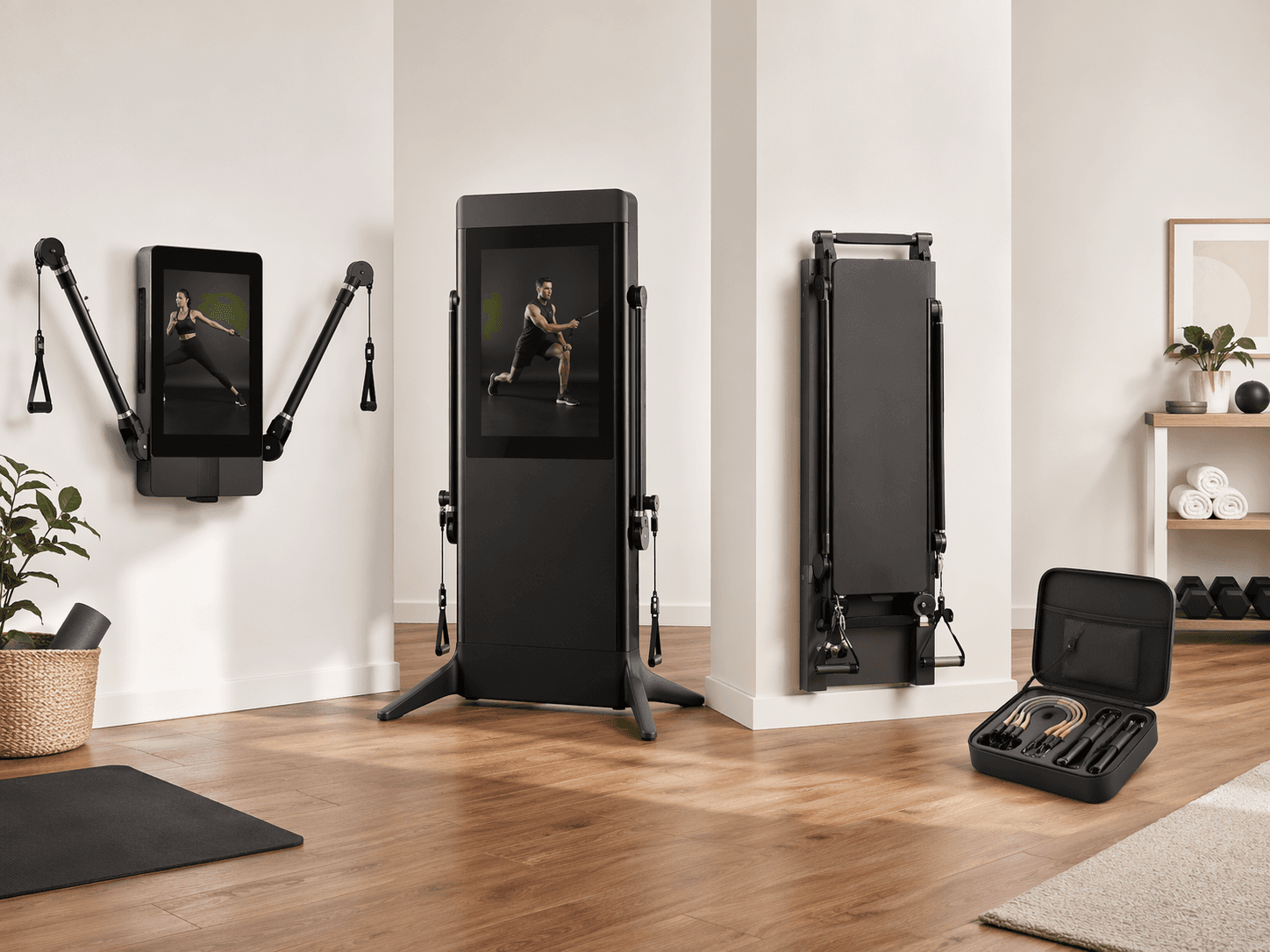 Four smart home gym form factors including wall-mounted, freestanding, foldable, and portable systems