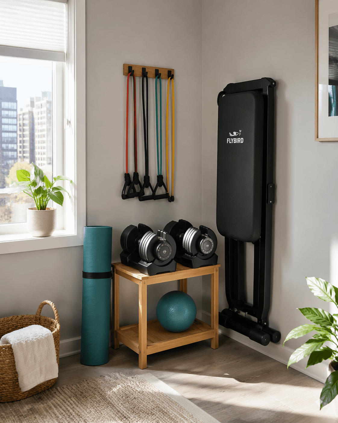 A bright apartment corner with a rolled yoga mat against the wall, adjustable dumbbells on a wooden stand, colorful resistance bands on a hook, and a foldable bench stowed upright. Soft neutral tones with a teal accent. Natural daylight from a nearby window. No people. The space looks organized and capable despite being compact.