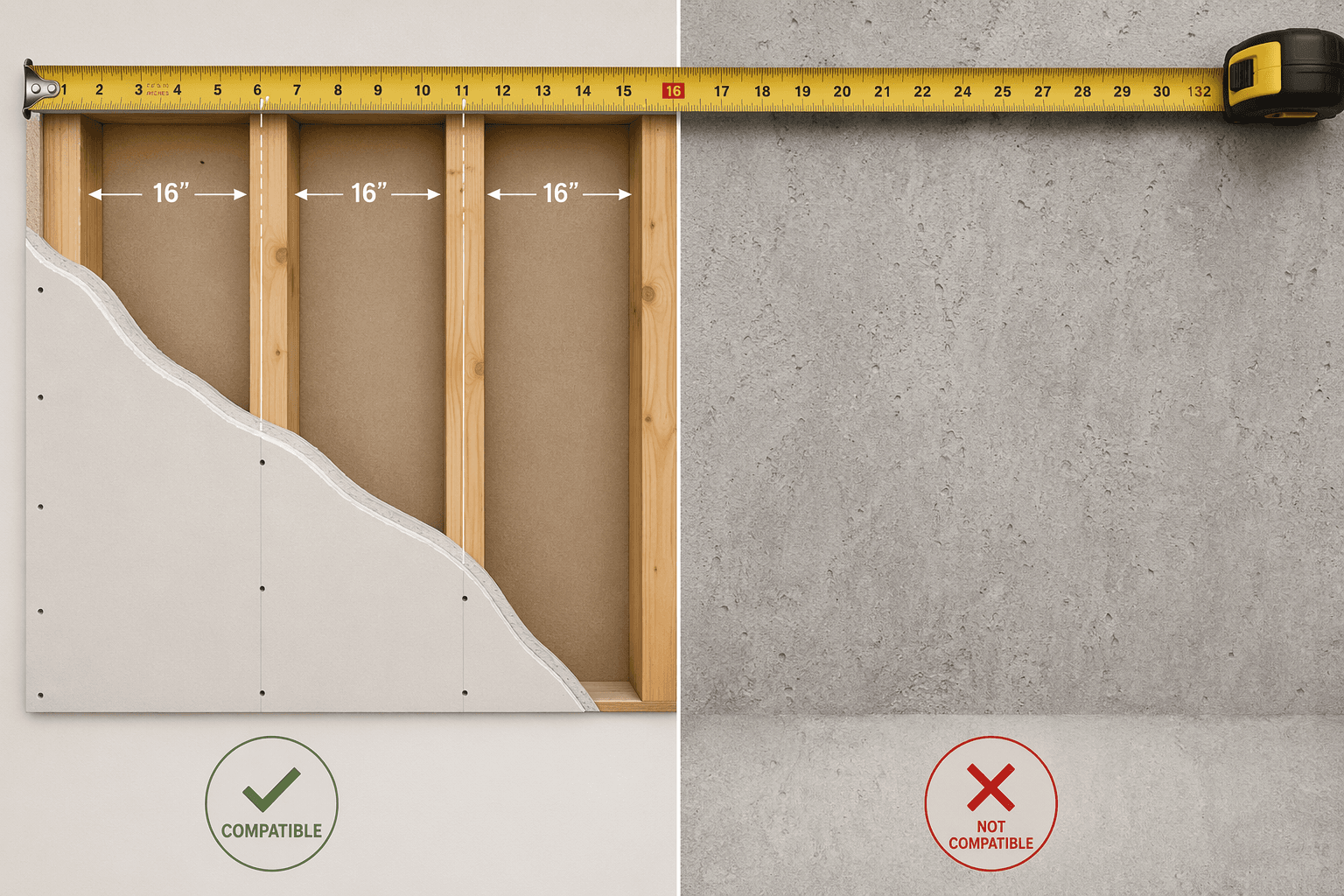 Split illustration comparing a compatible wooden stud wall with an incompatible concrete or plaster wall