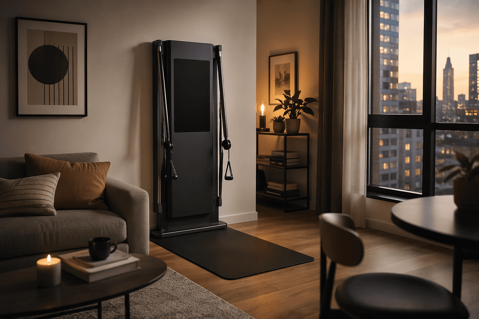 Compact freestanding smart home gym stored in a cozy apartment living room
