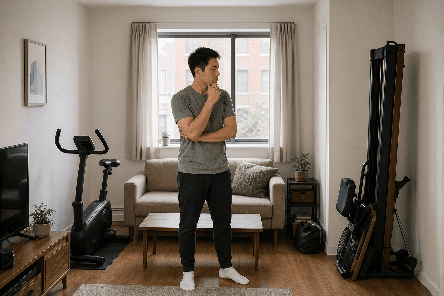 An apartment living room with a compact exercise bike in one corner and a vertically folded rowing machine in another, with a person standing between them.