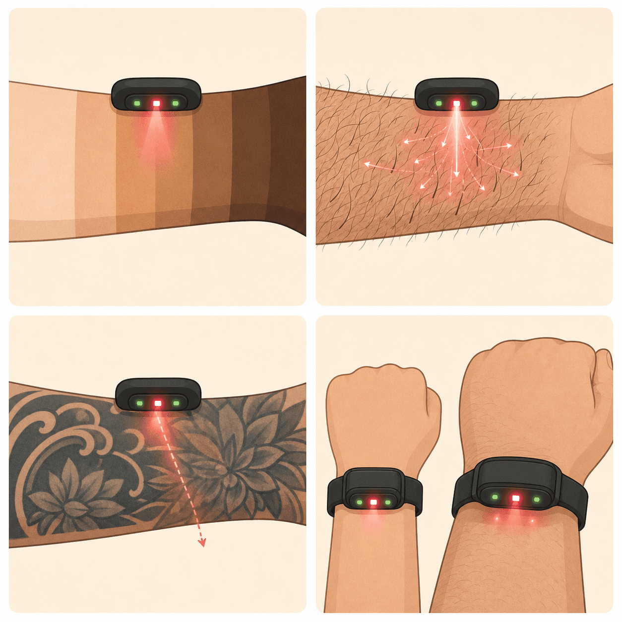 Four-panel editorial illustration showing factors affecting optical heart rate sensor accuracy: a forearm with skin tone gradient from light to dark, a forearm with visible hair, a forearm with a tattoo blocking a sensor light beam, and two wrists of different sizes with watch-style sensors.