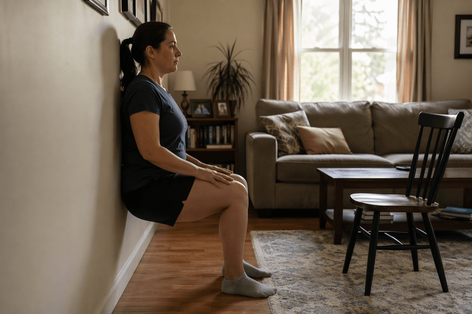 A person in casual home clothes performing a wall sit against a living room wall, thighs parallel to the floor, with a wooden chair and window in the background.