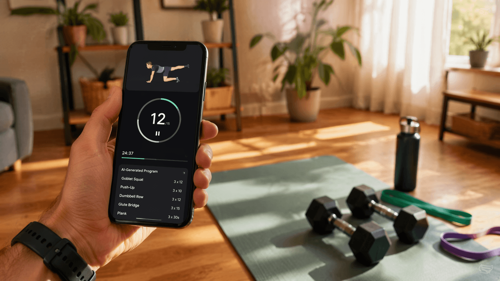 A smartphone held in a hand displaying a fitness workout app interface on screen, set in a bright modern home with wooden floors, dumbbells, a yoga mat, and resistance bands on the floor near a window with warm natural lighting.