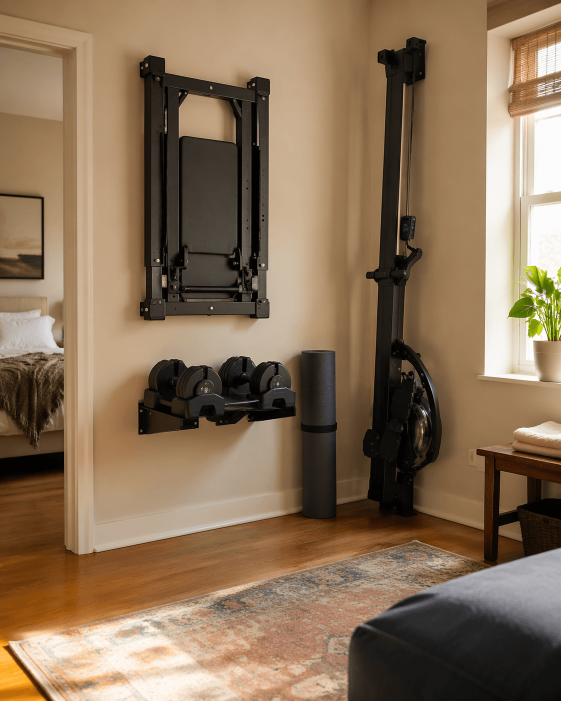 A compact home gym in an apartment corner with a wall-mounted rack folded flat, dumbbells stored beneath it, a mat rolled in the corner, and a Concept2 rower stored upright.