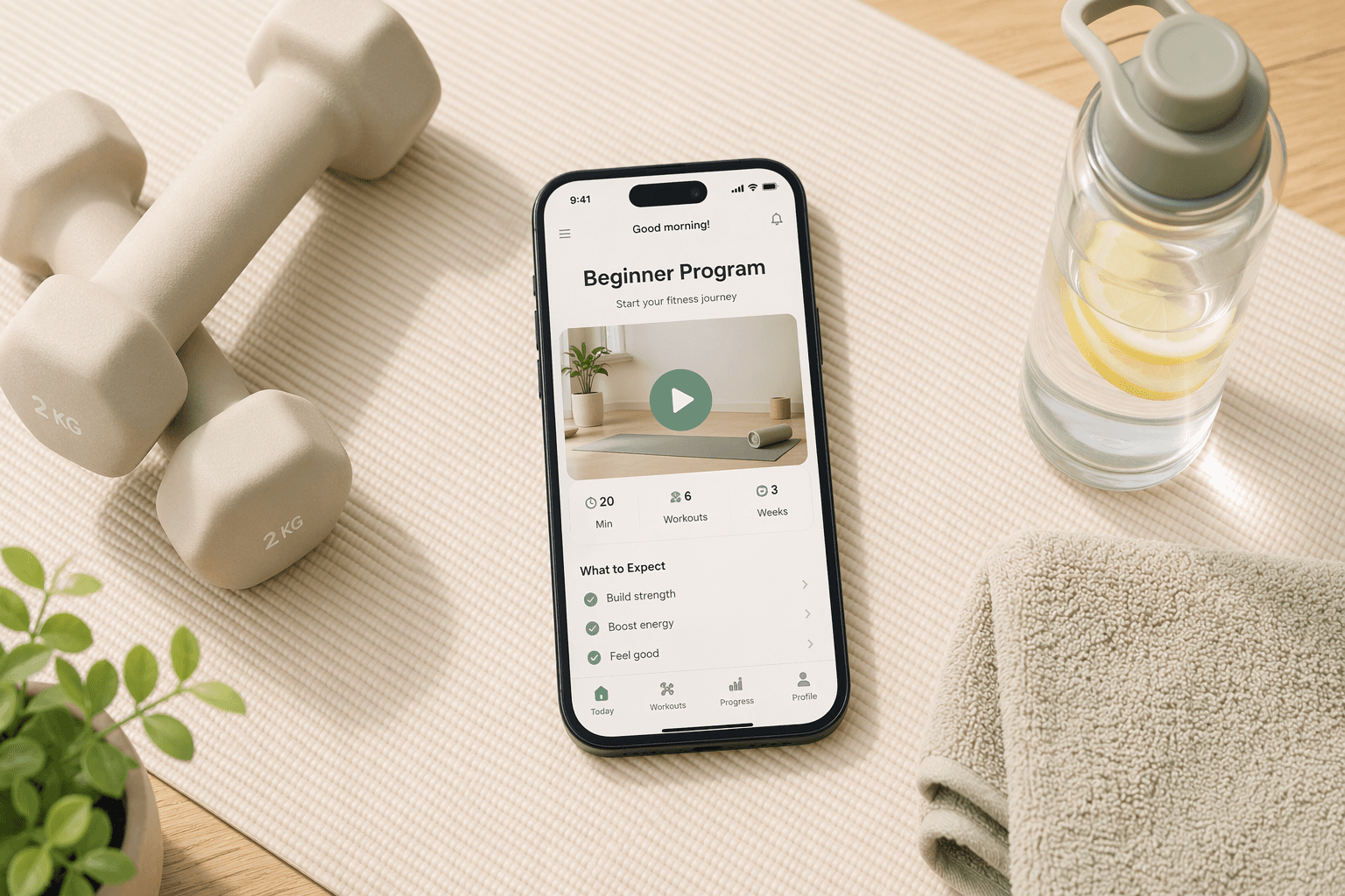 A smartphone on a yoga mat next to dumbbells, a water bottle, and a towel, showing a workout app with a Beginner Program label.
