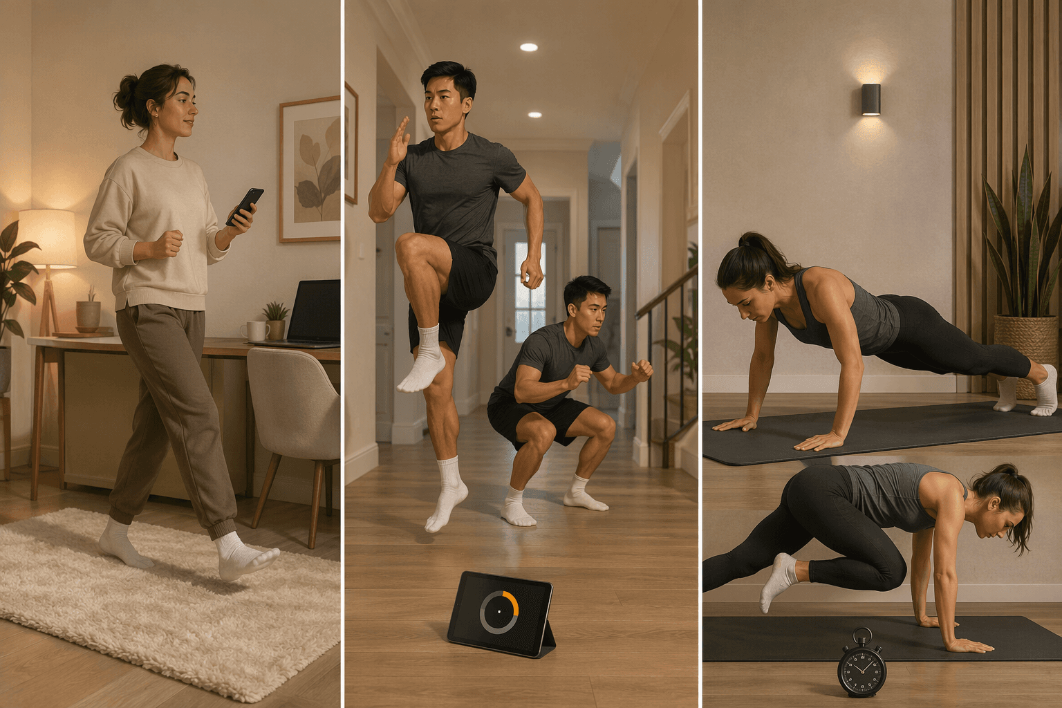 Three-panel illustration showing a person doing steady-state walking in place near a desk (quiet profile), a person doing explosive high knees and squat jumps (Tabata), and a person doing push-ups and mountain climbers near a wall (EMOM).