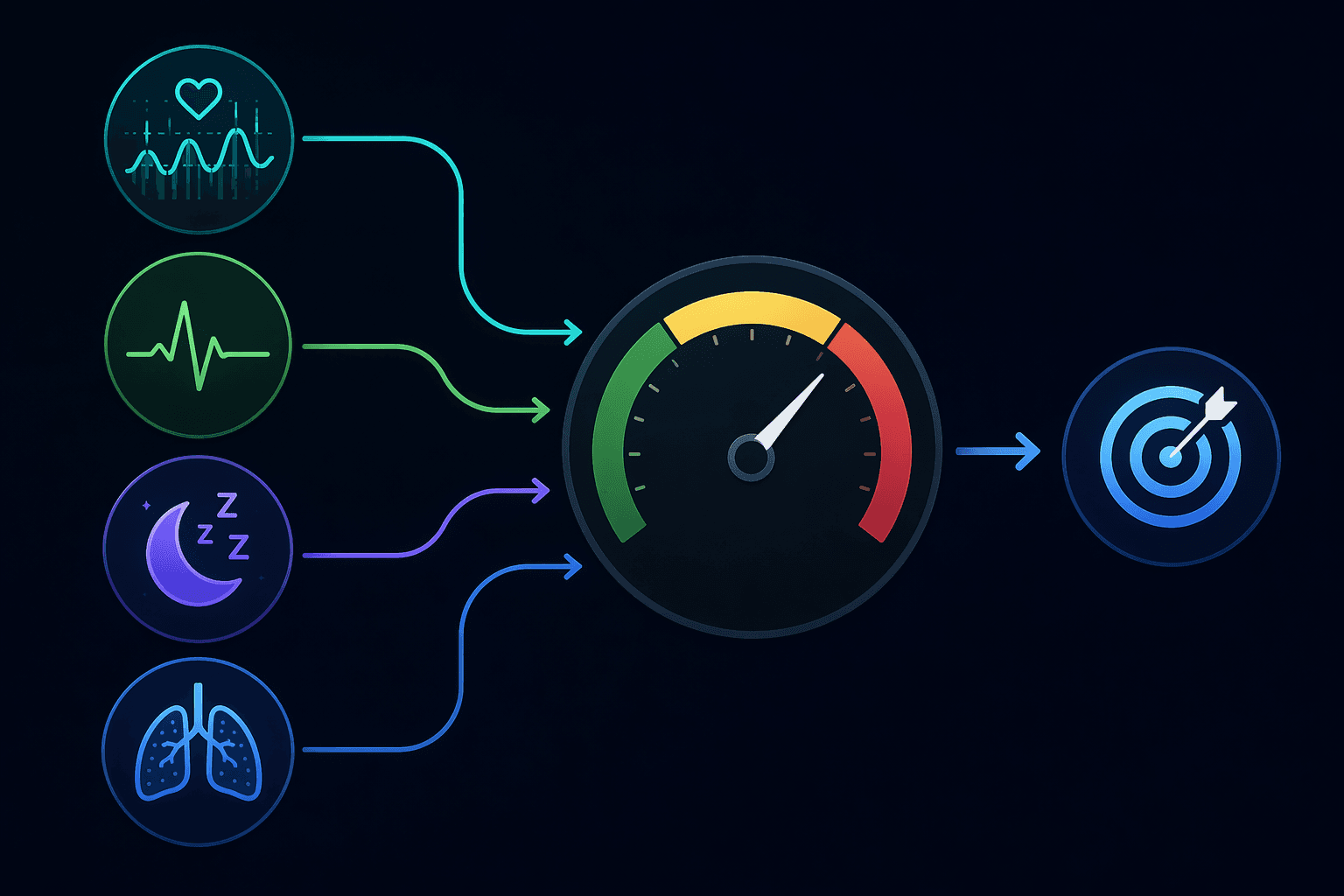 Four recovery inputs feeding into a green yellow red gauge and a daily strain target