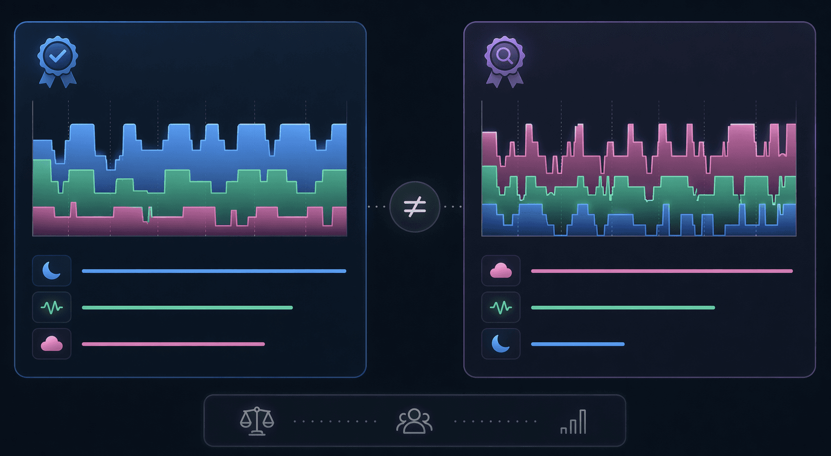 Two different sleep stage graphs illustrating how wearable sleep staging results can vary between funded and independent studies
