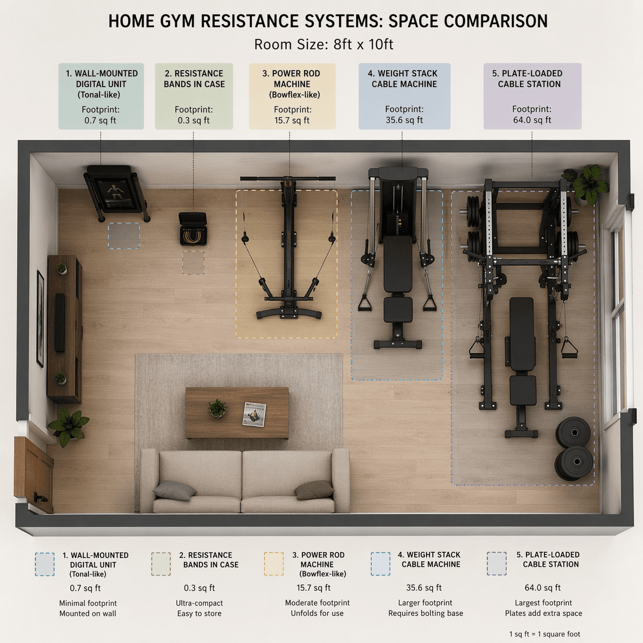 Top-down floor plan of a small apartment room showing five home gym resistance system silhouettes drawn to scale