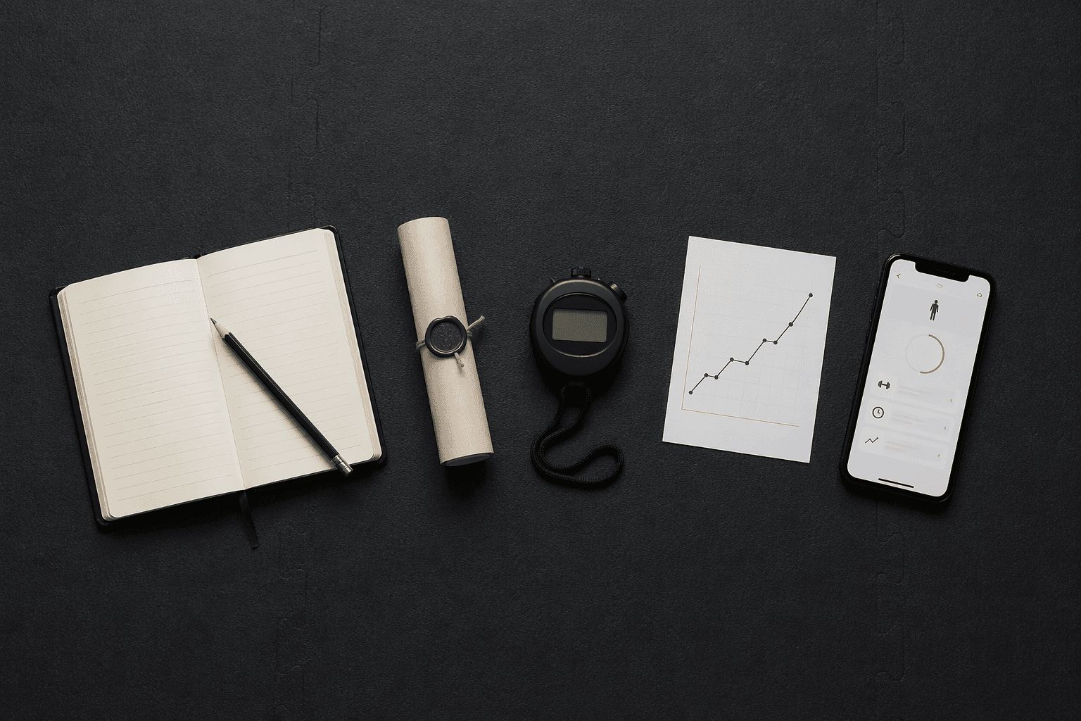 Five minimalist objects arranged in an arc on a dark gym mat: an open notebook with a pencil, a small scroll with a wax seal, a stopwatch, a paper chart showing an upward line, and a smartphone displaying a clean ad-free workout interface.