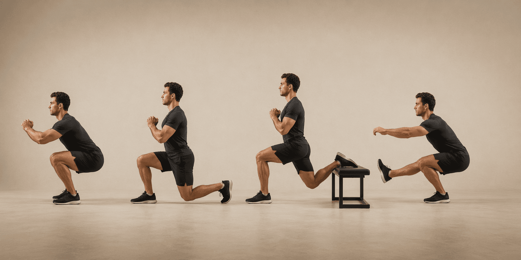 Progression sequence from bodyweight squat to split squat, Bulgarian split squat, and pistol squat