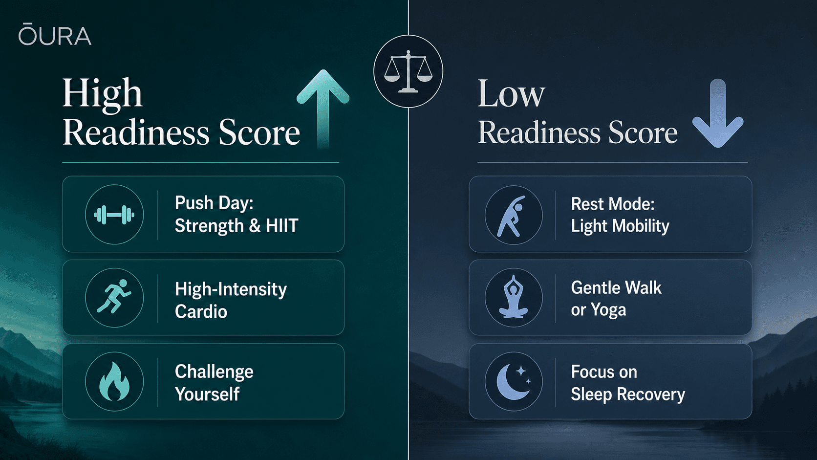 Editorial comparison visual split vertically: left half in warm teal tones titled 'High Readiness Score' with an upward arrow and three action cards showing 'Push Day: Strength & HIIT' with dumbbell icon, 'High-Intensity Cardio' with running figure, and 'Challenge Yourself' with flame icon; right half in cool blue-gray tones titled 'Low Readiness Score' with a downward arrow and three action cards showing 'Rest Mode: Light Mobility' with stretching figure, 'Gentle Walk or Yoga' with yoga icon, and 'Focus on Sleep Recovery' with moon icon; a dividing line with a scale icon runs down the center.