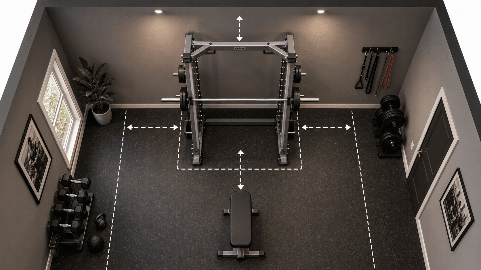 A top-down 3D-rendered view of a home gym room layout with a Smith machine in the center surrounded by dashed clearance zone indicators. A bench sits in the front clearance space. The room has neutral walls and a rubber gym mat floor.
