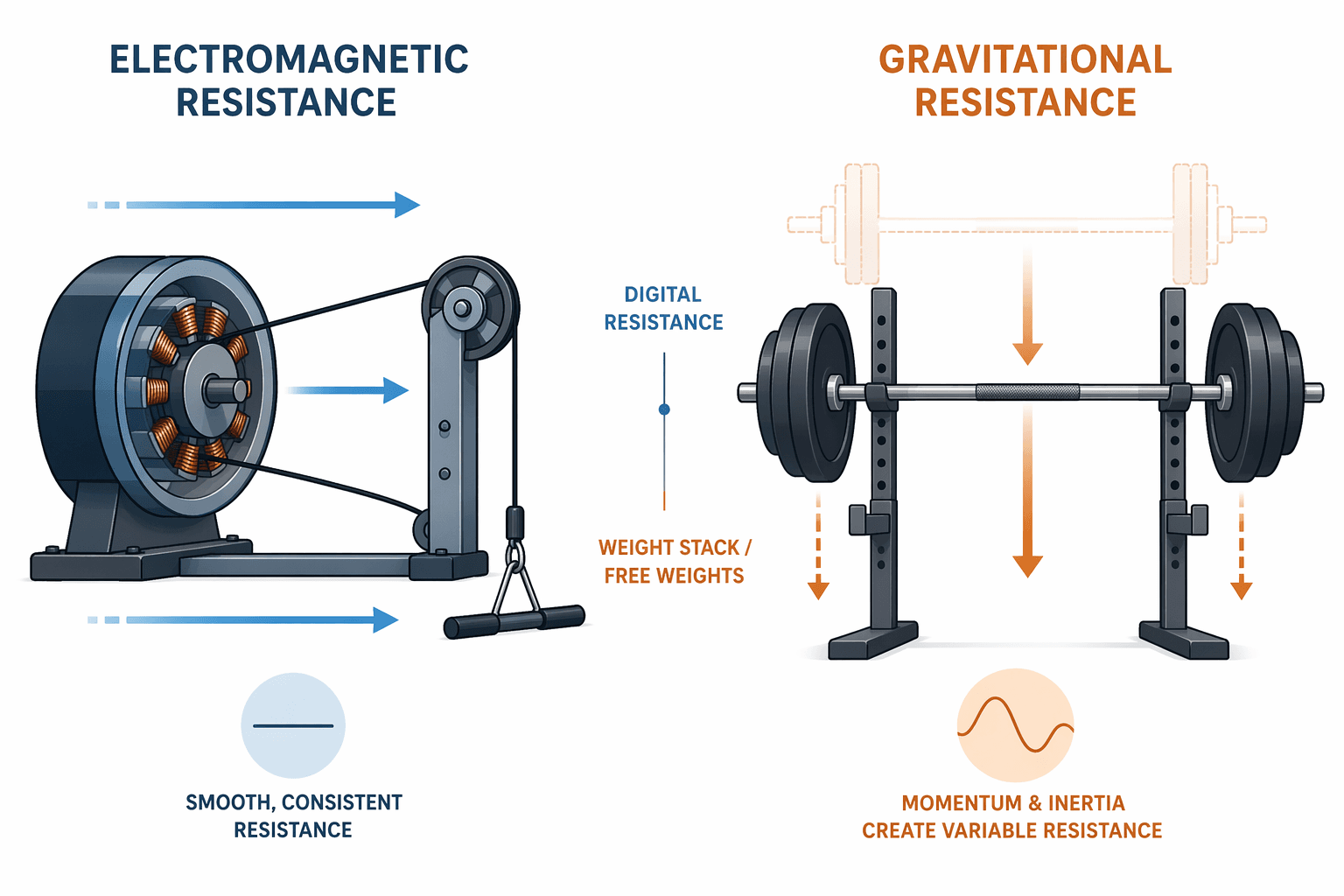A two-part editorial diagram comparing electromagnetic resistance (left side, showing a motor unit and cable with directional arrows) and gravitational resistance (right side, showing a barbell with weight plates and downward gravity arrows), with muted blue and warm orange flat illustration style.