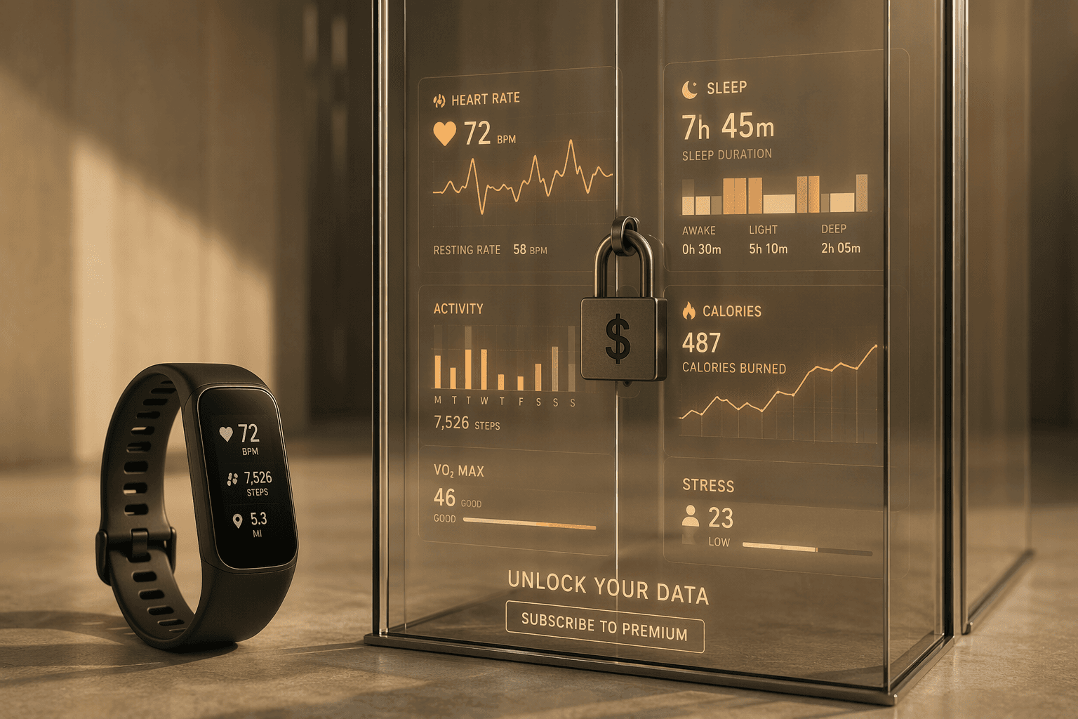 A watch outside a glass wall with health data graphs behind it, a padlock with a dollar sign on the glass.