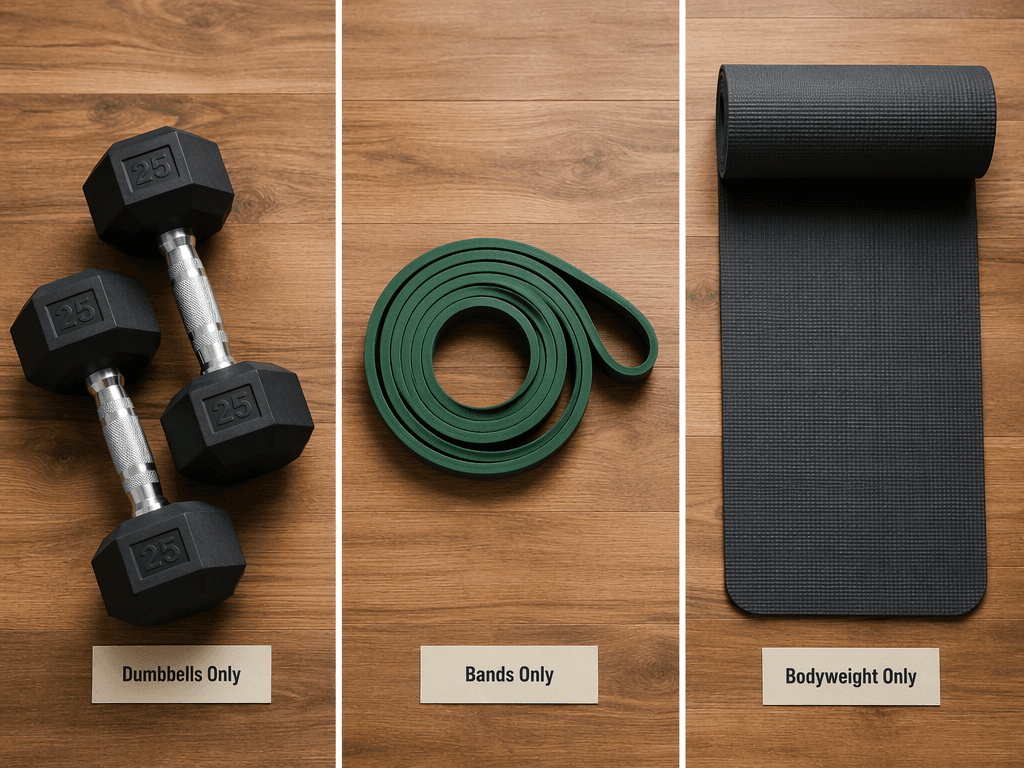 Three flat-lay scenes arranged horizontally on warm wood: left shows a pair of dumbbells with a 'Dumbbells Only' tag, middle shows a coiled resistance band with a 'Bands Only' tag, right shows a yoga mat with a 'Bodyweight Only' tag, representing the three tested equipment scenarios
