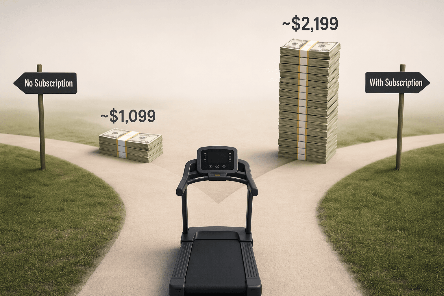 Treadmill at a fork showing no-subscription and with-subscription five-year cost paths