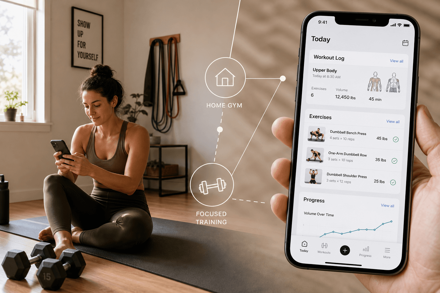 Split composition: left side a person in a small home gym using a smartphone with dumbbells and a mat; right side a close-up of a workout app interface showing exercise logging. Geometric decision-path lines connect the two scenes.
