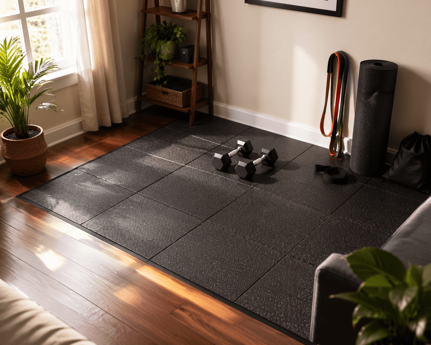 A bright living room corner with dark gray interlocking rubber tiles covering a 6x6 foot area. Dumbbells, a rolled yoga mat, and resistance bands sit on the tiles. Natural light from a window.