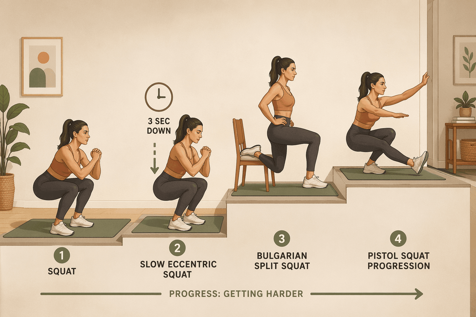 An editorial illustration showing four exercise figures arranged left to right in a staircase-like progression: a standard bodyweight squat, a slow eccentric squat with a clock icon, a Bulgarian split squat using a chair, and a pistol squat with one hand on a wall for balance. A yoga mat runs along the bottom.