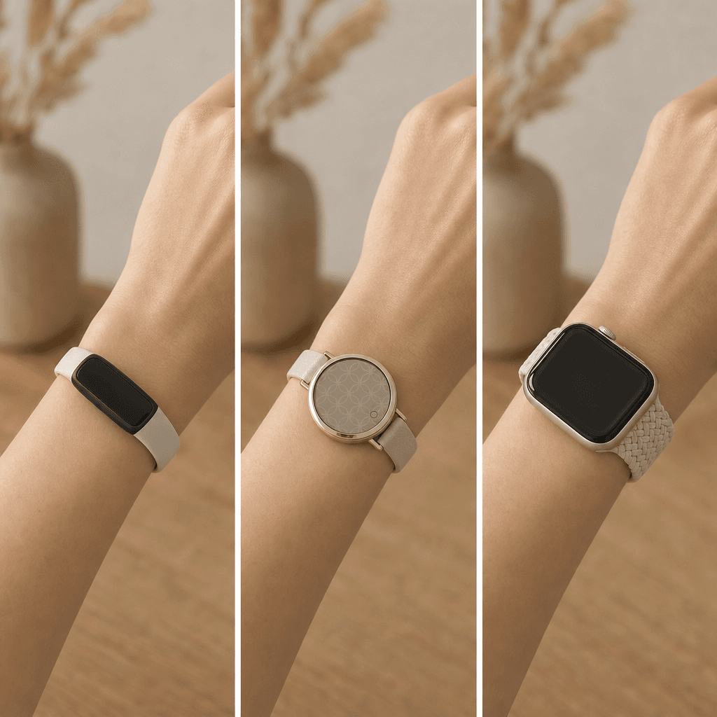 Three-panel comparison showing a slender wrist wearing a slim fitness band, a small round smartwatch with narrow band, and a 40mm smartwatch with braided solo loop.