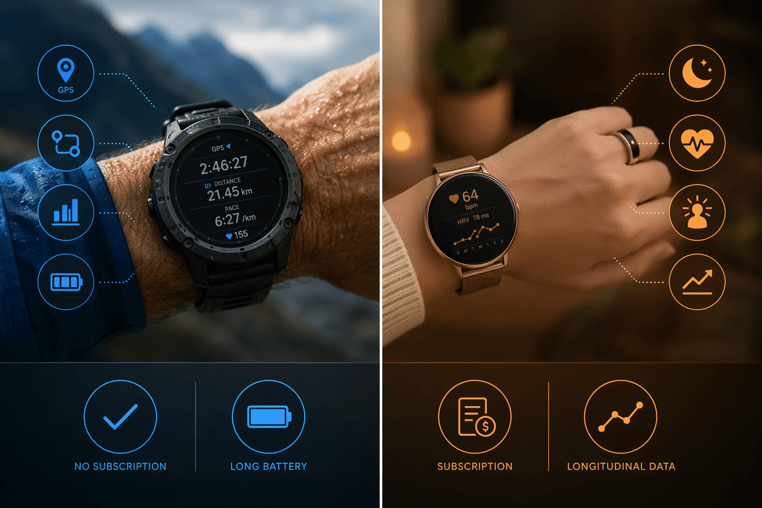 Side-by-side comparison of fitness-first wearables and health-first wearables with icons for GPS, battery life, sleep, HRV, and subscriptions