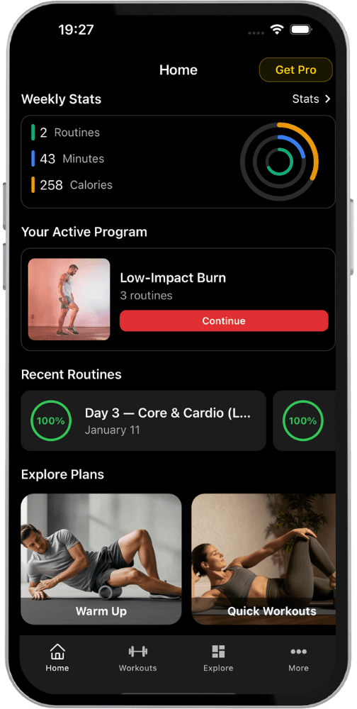 Load Muscle app screen showing the AI workout plan generator interface with exercise selection rows, set and rep fields, and a generated weekly plan overview with exercise names and scheduled days.
