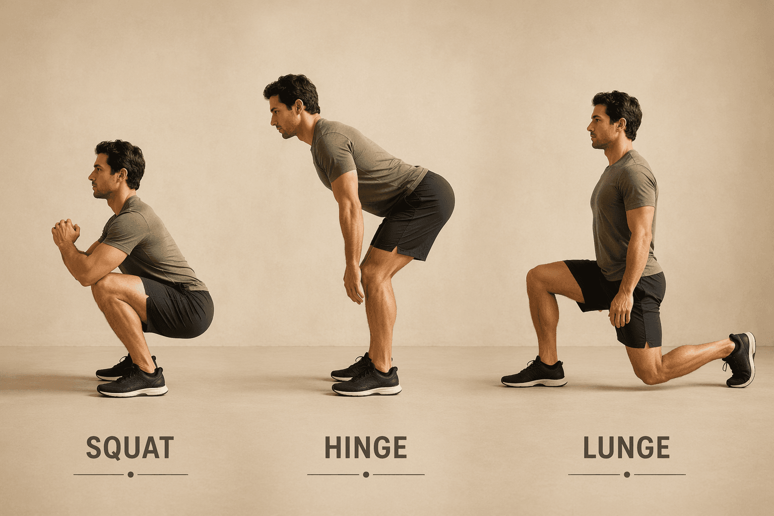 A side-by-side illustration of the three lower body movement patterns: a deep bodyweight squat, a hip hinge with straight back, and a forward lunge with front knee at 90 degrees.