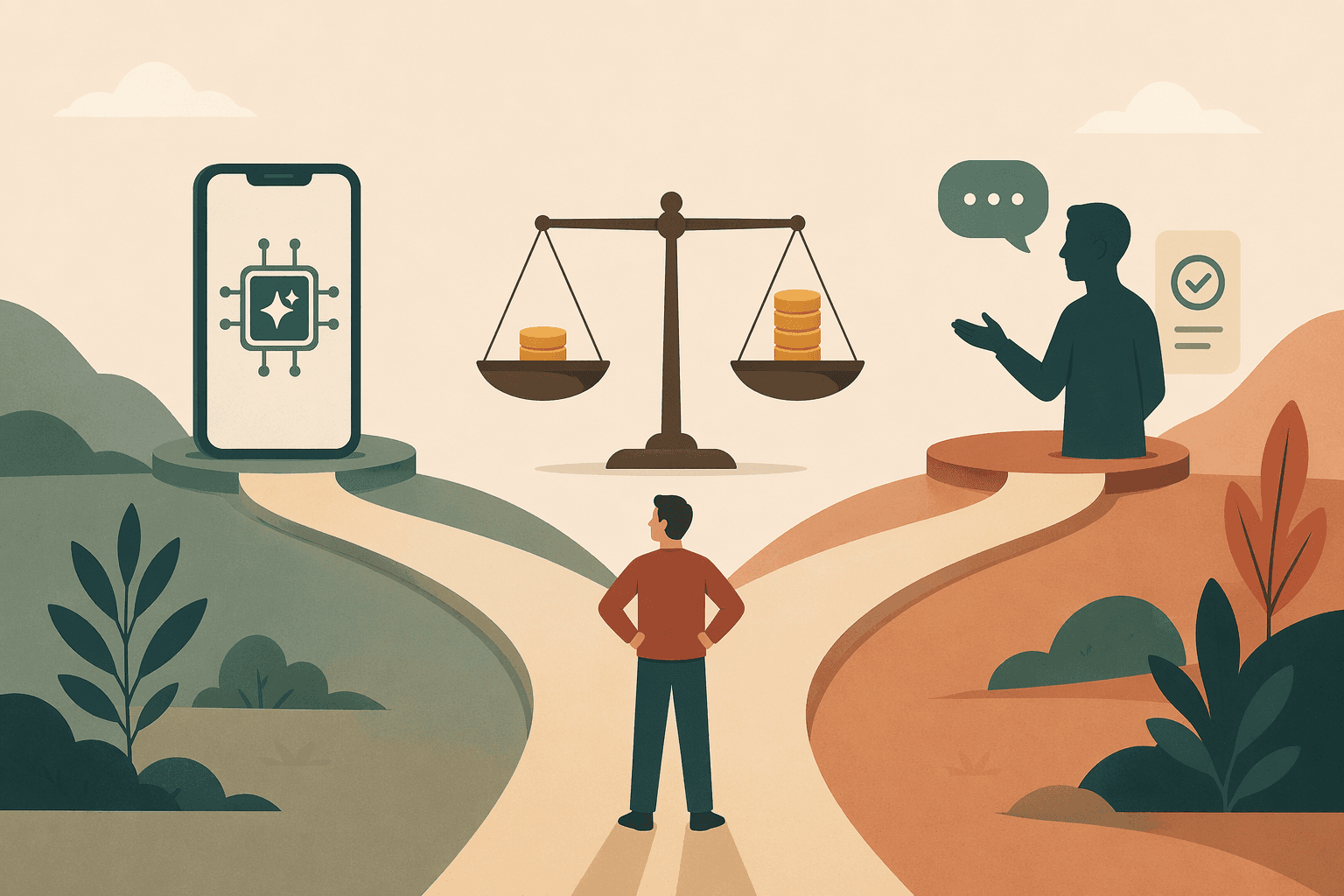 Editorial flat vector illustration showing a human silhouette at a fork in the road. One path leads to a smartphone with an AI chip, the other to a human coach silhouette with a chat bubble and form-check icon. A balanced scale shows a small coin stack on one side and a larger stack on the other.